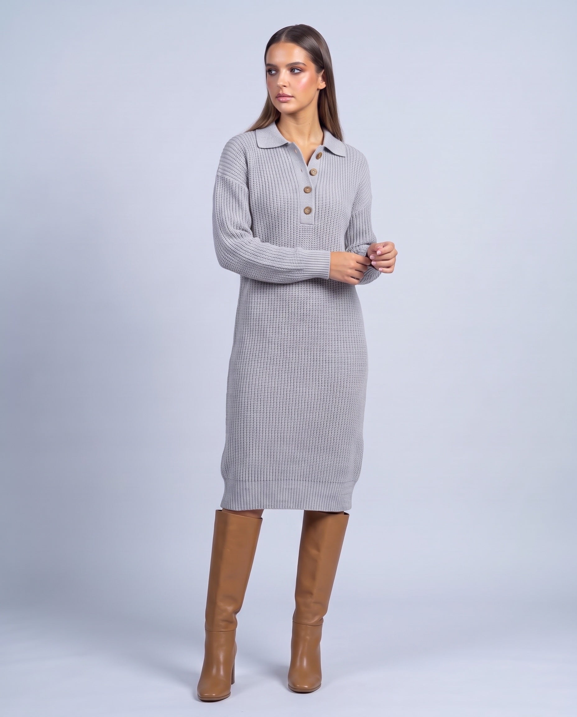 Jumper Dress Knitted Midi Dress with Polo Collar and Button Placket Long Sleeve - Light Gray