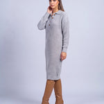 Jumper Dress Knitted Midi Dress with Polo Collar and Button Placket Long Sleeve - Light Gray