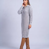 Jumper Dress Knitted Midi Dress with Polo Collar and Button Placket Long Sleeve - Light Gray