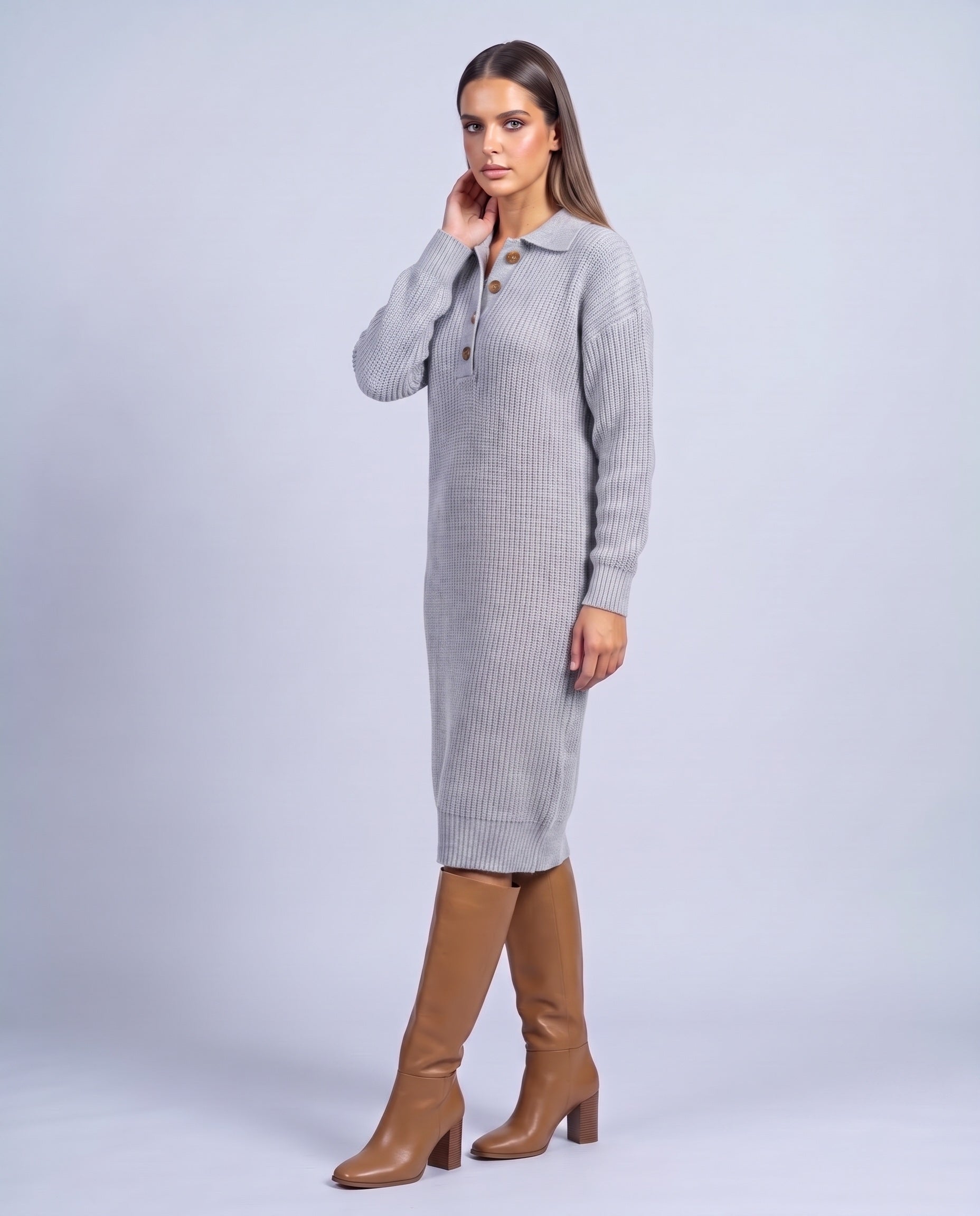 Jumper Dress Knitted Midi Dress with Polo Collar and Button Placket Long Sleeve - Light Gray
