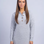 Jumper Dress Knitted Midi Dress with Polo Collar and Button Placket Long Sleeve - Light Gray