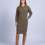 Jumper Dress Knitted Midi Dress with Polo Collar and Button Placket Long Sleeve - Olive Green