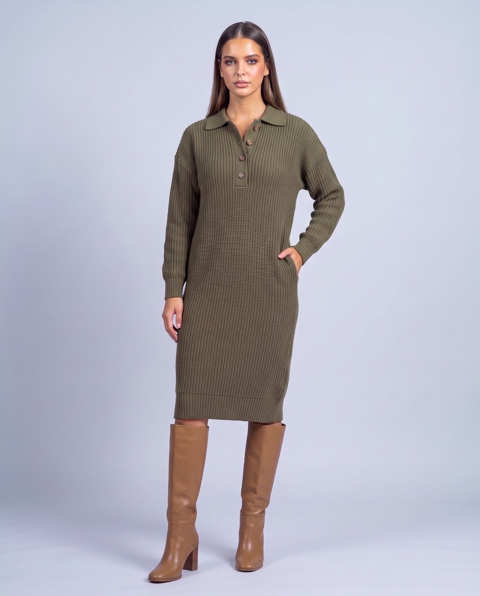 Jumper Dress Knitted Midi Dress with Polo Collar and Button Placket Long Sleeve - Olive Green