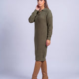 Jumper Dress Knitted Midi Dress with Polo Collar and Button Placket Long Sleeve - Olive Green