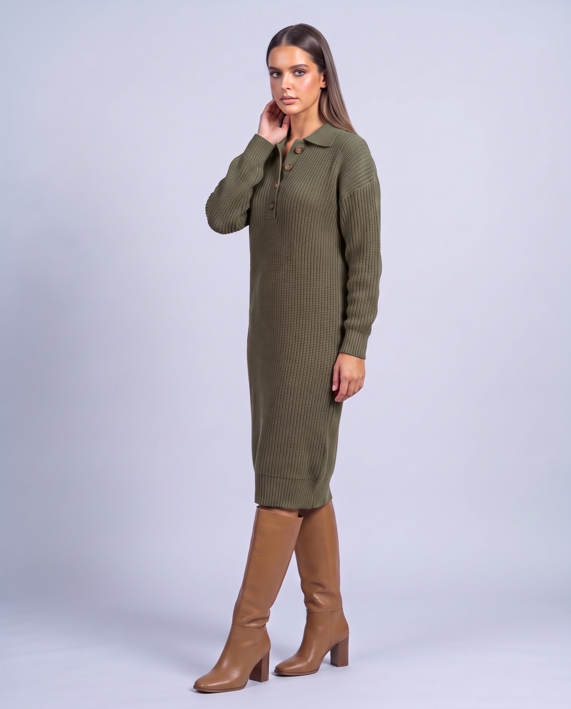 Jumper Dress Knitted Midi Dress with Polo Collar and Button Placket Long Sleeve - Olive Green