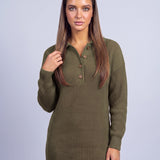 Jumper Dress Knitted Midi Dress with Polo Collar and Button Placket Long Sleeve - Olive Green