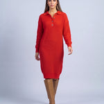 Jumper Dress Knitted Midi Dress with Polo Collar and Button Placket Long Sleeve - Orange-Red