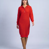 Jumper Dress Knitted Midi Dress with Polo Collar and Button Placket Long Sleeve - Orange-Red