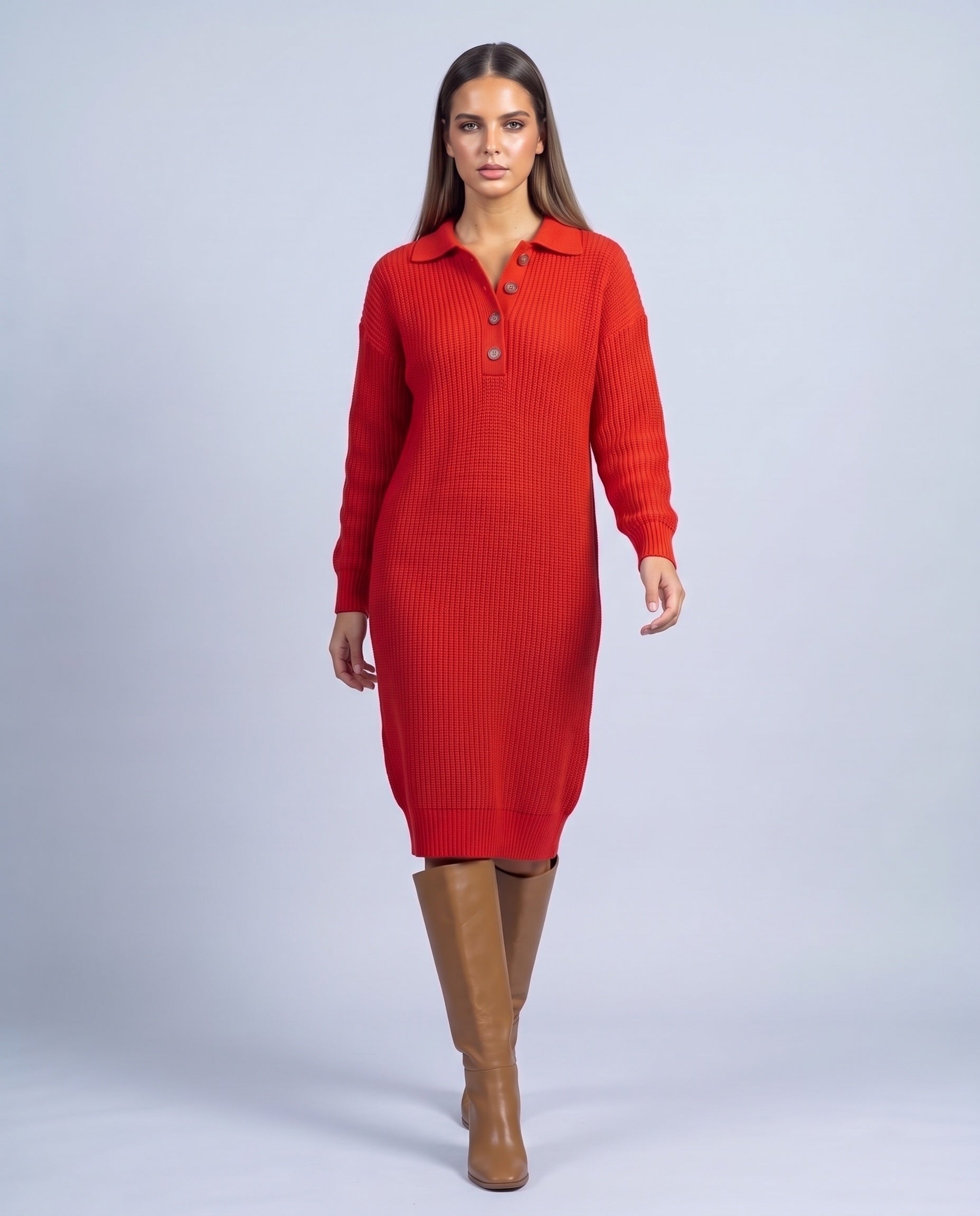 Jumper Dress Knitted Midi Dress with Polo Collar and Button Placket Long Sleeve - Orange-Red
