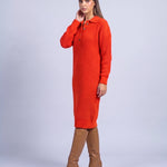 Jumper Dress Knitted Midi Dress with Polo Collar and Button Placket Long Sleeve - Orange-Red