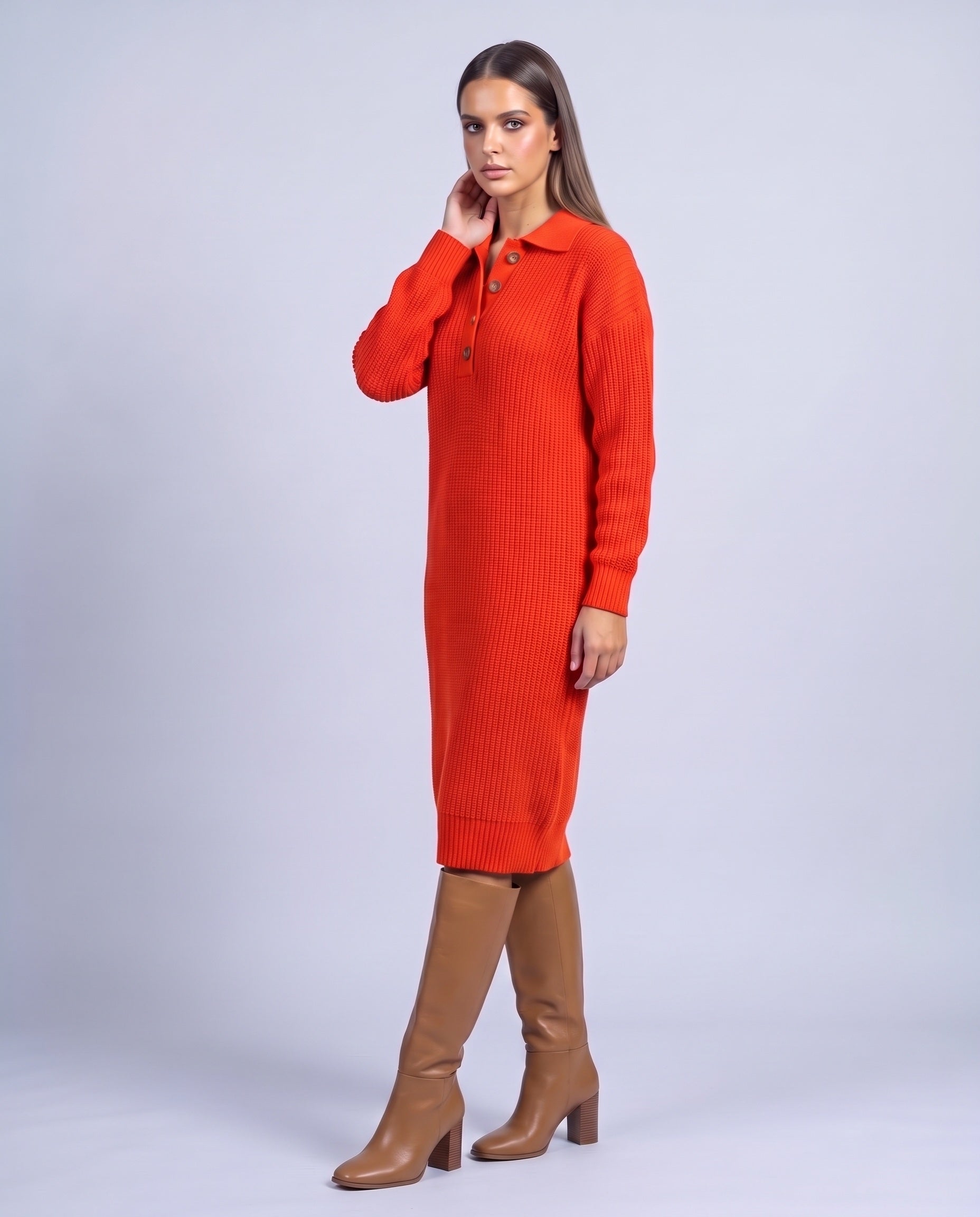 Jumper Dress Knitted Midi Dress with Polo Collar and Button Placket Long Sleeve - Orange-Red