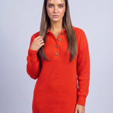 Jumper Dress Knitted Midi Dress with Polo Collar and Button Placket Long Sleeve - Orange-Red