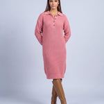 Jumper Dress Knitted Midi Dress with Polo Collar and Button Placket Long Sleeve - Pink