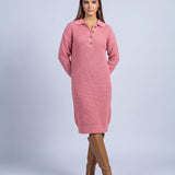Jumper Dress Knitted Midi Dress with Polo Collar and Button Placket Long Sleeve - Pink