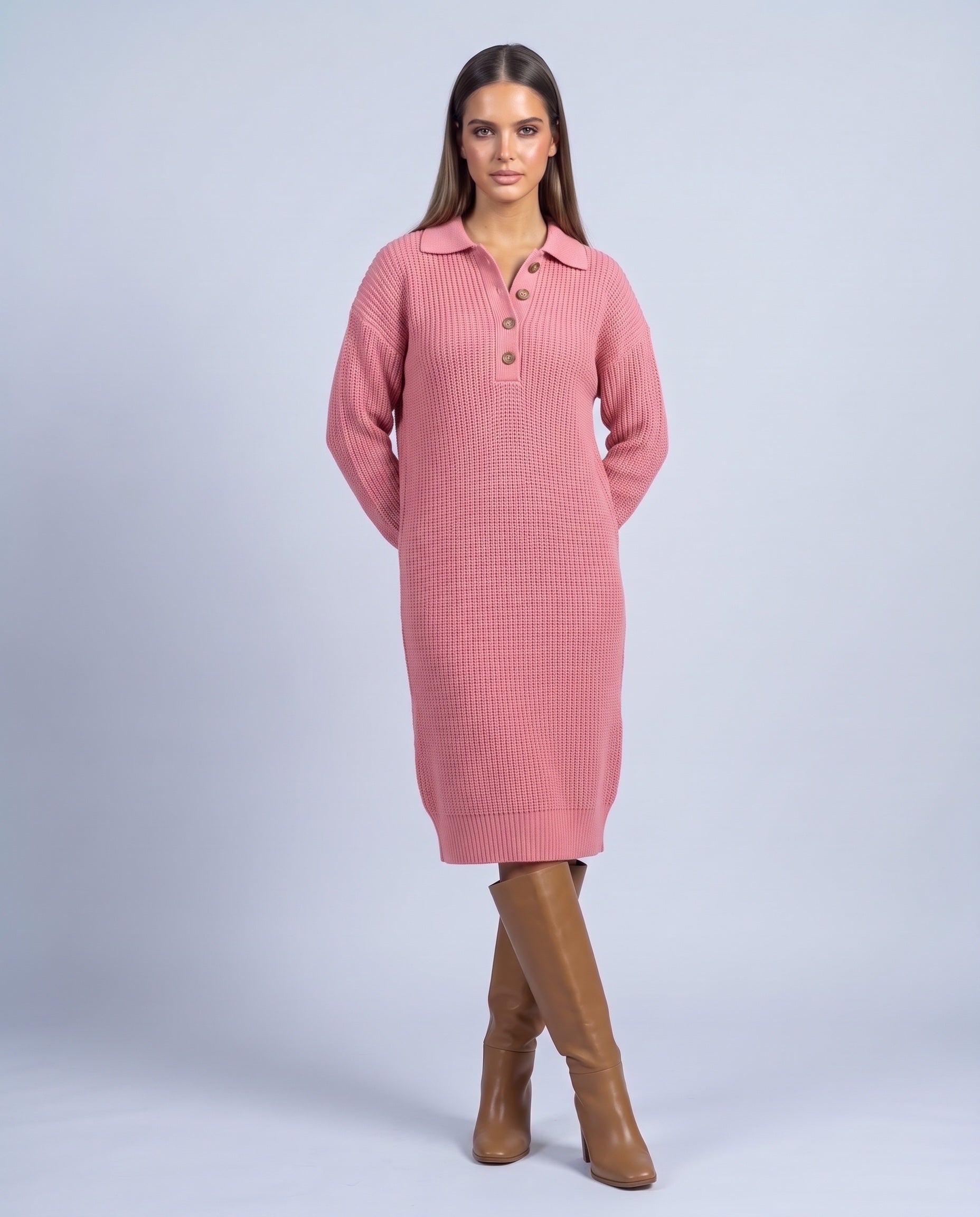 Jumper Dress Knitted Midi Dress with Polo Collar and Button Placket Long Sleeve - Pink