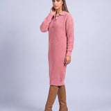 Jumper Dress Knitted Midi Dress with Polo Collar and Button Placket Long Sleeve - Pink