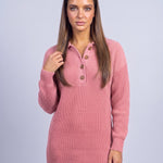 Jumper Dress Knitted Midi Dress with Polo Collar and Button Placket Long Sleeve - Pink