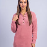 Jumper Dress Knitted Midi Dress with Polo Collar and Button Placket Long Sleeve - Pink