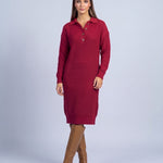 Jumper Dress Knitted Midi Dress with Polo Collar and Button Placket Long Sleeve - Purple Red