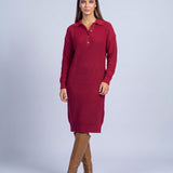 Jumper Dress Knitted Midi Dress with Polo Collar and Button Placket Long Sleeve - Purple Red