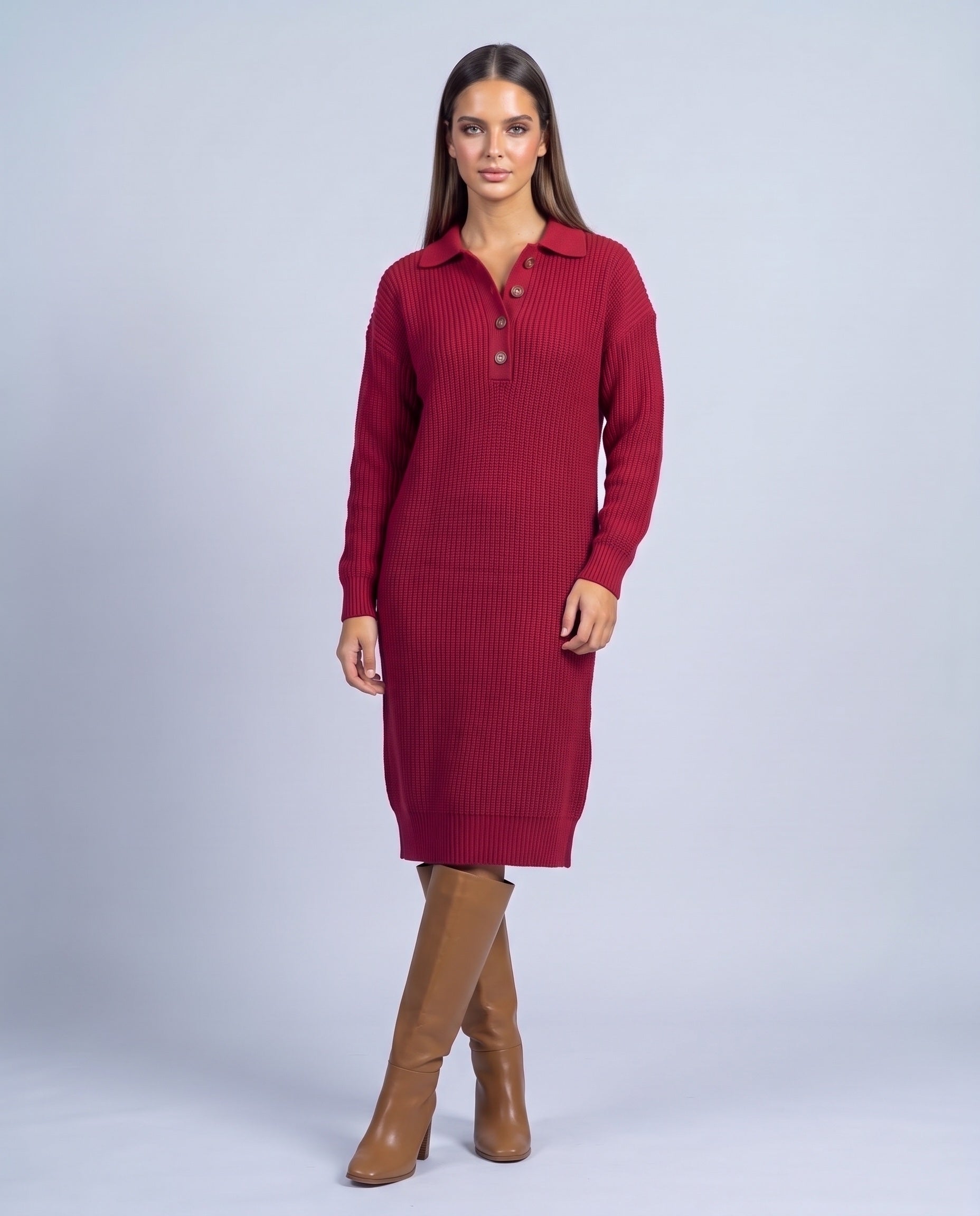 Jumper Dress Knitted Midi Dress with Polo Collar and Button Placket Long Sleeve - Purple Red