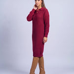 Jumper Dress Knitted Midi Dress with Polo Collar and Button Placket Long Sleeve - Purple Red