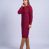 Jumper Dress Knitted Midi Dress with Polo Collar and Button Placket Long Sleeve - Purple Red
