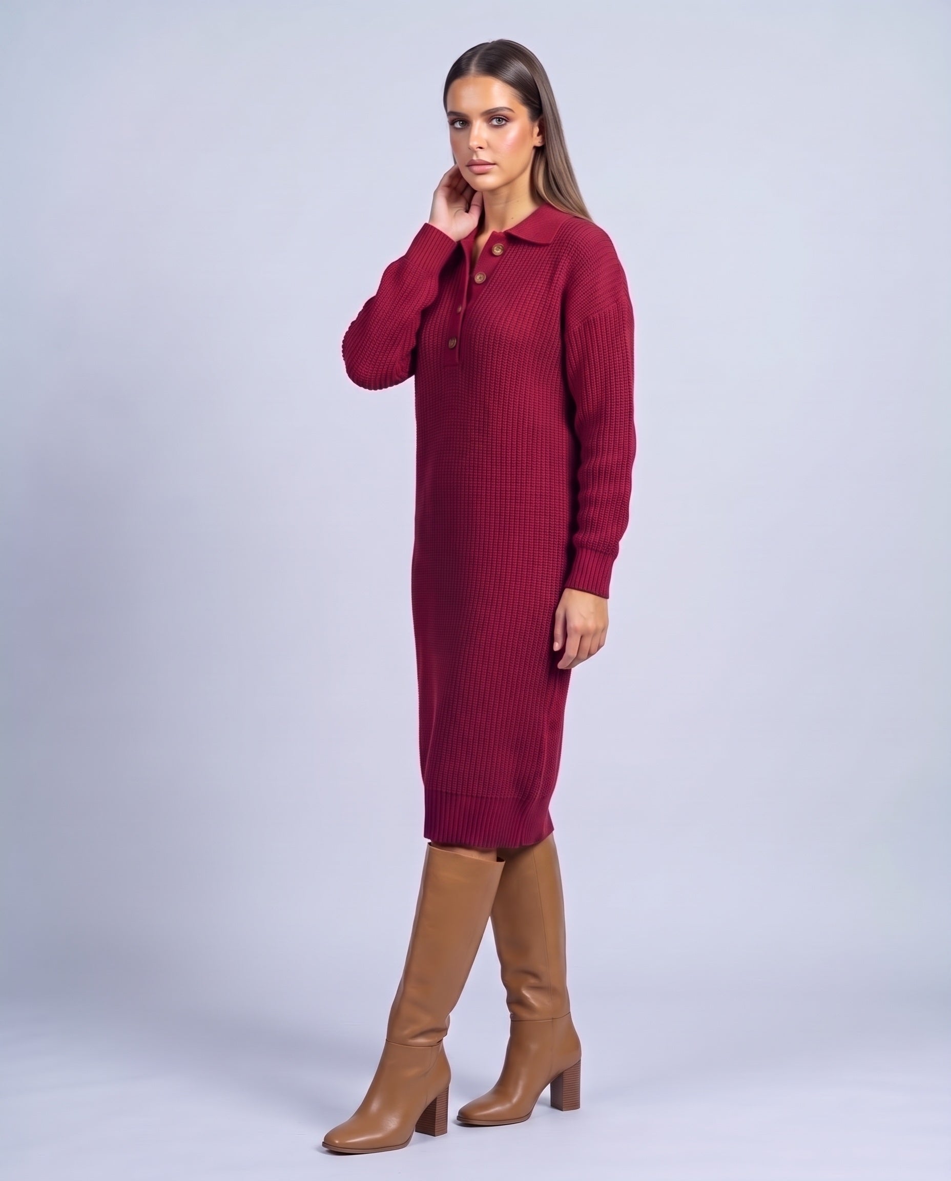 Jumper Dress Knitted Midi Dress with Polo Collar and Button Placket Long Sleeve - Purple Red