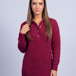 Jumper Dress Knitted Midi Dress with Polo Collar and Button Placket Long Sleeve - Purple Red