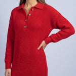 Jumper Dress Knitted Midi Dress with Polo Collar and Button Placket Long Sleeve - Red