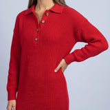 Jumper Dress Knitted Midi Dress with Polo Collar and Button Placket Long Sleeve - Red