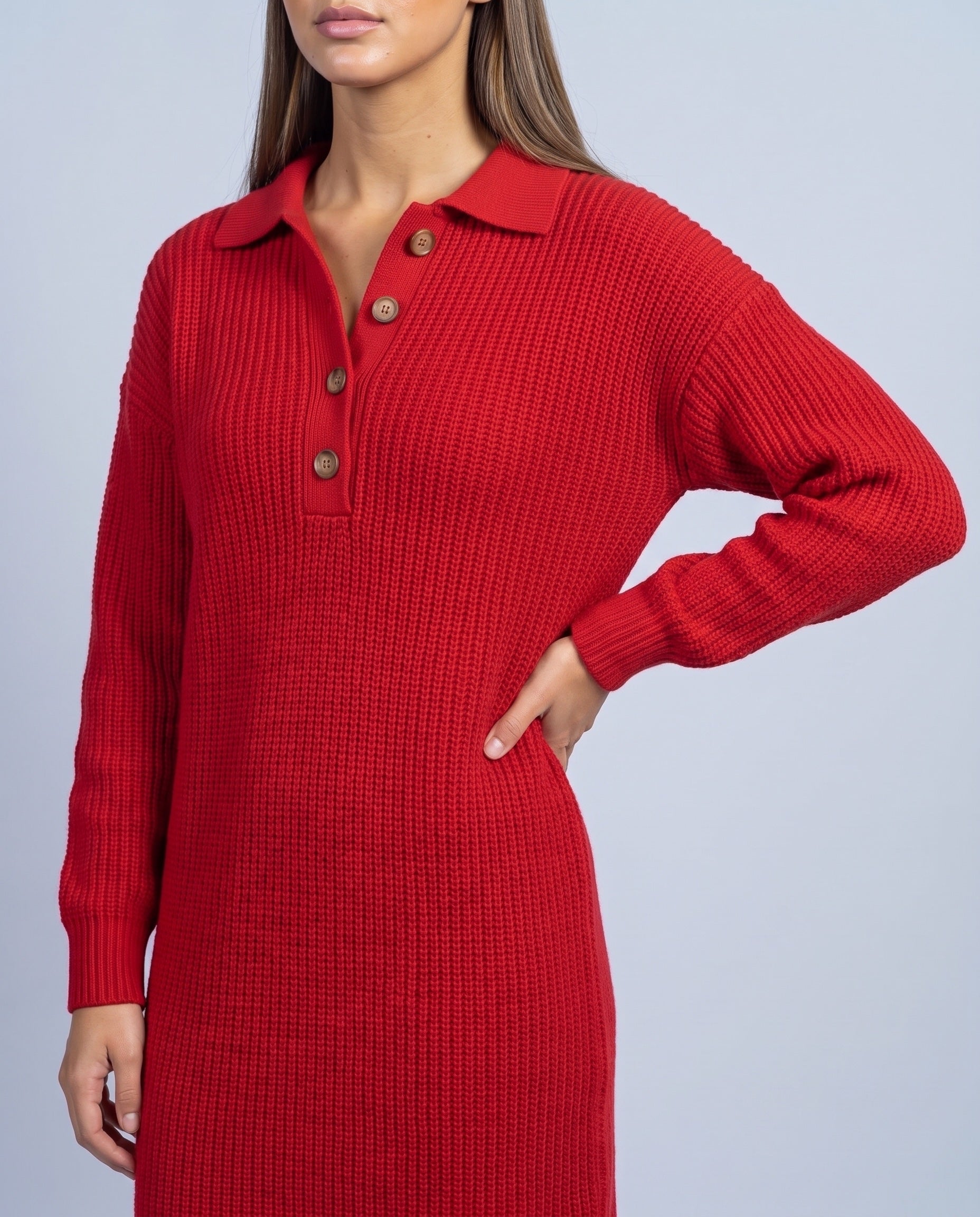 Jumper Dress Knitted Midi Dress with Polo Collar and Button Placket Long Sleeve - Red