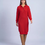 Jumper Dress Knitted Midi Dress with Polo Collar and Button Placket Long Sleeve - Red