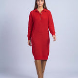 Jumper Dress Knitted Midi Dress with Polo Collar and Button Placket Long Sleeve - Red