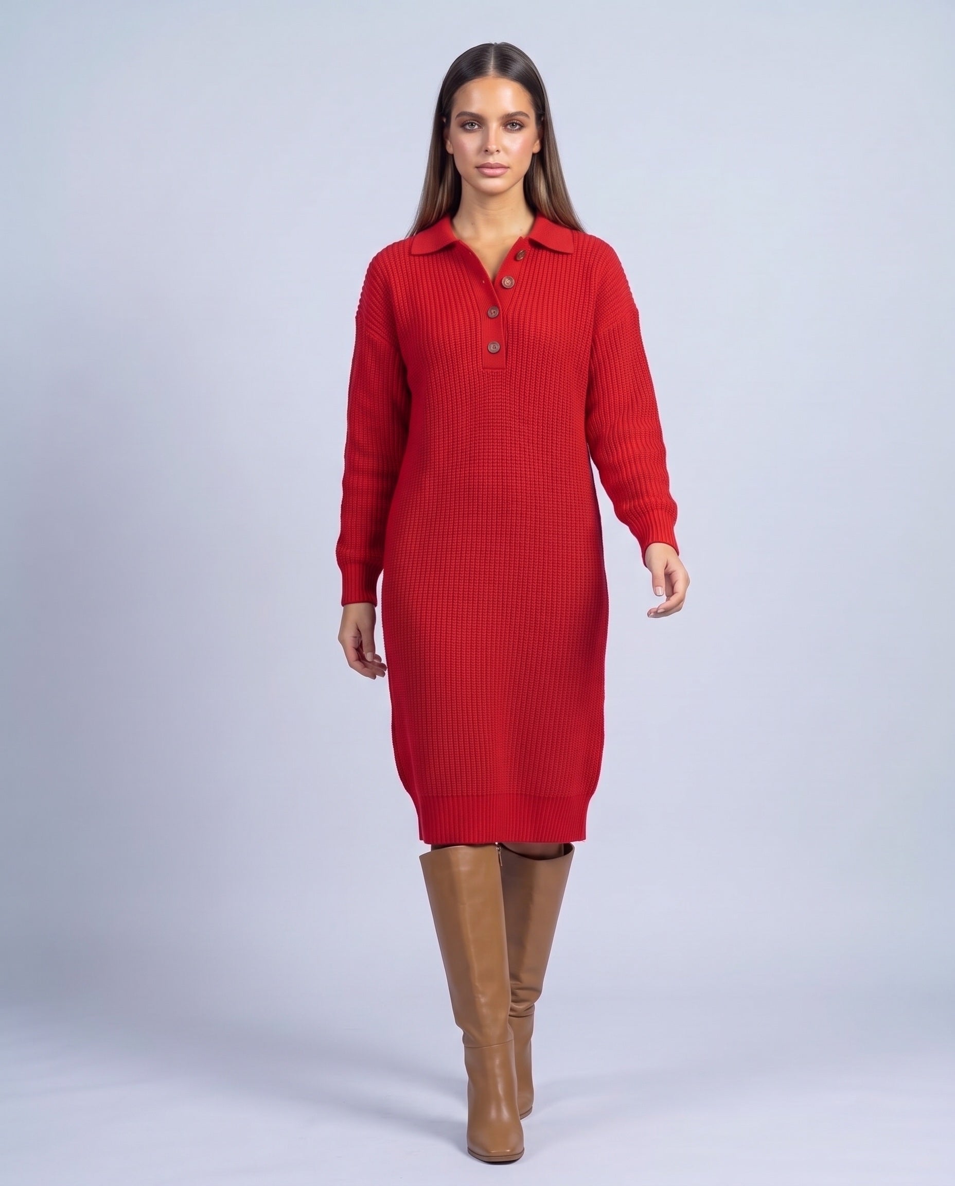 Jumper Dress Knitted Midi Dress with Polo Collar and Button Placket Long Sleeve - Red