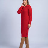 Jumper Dress Knitted Midi Dress with Polo Collar and Button Placket Long Sleeve - Red