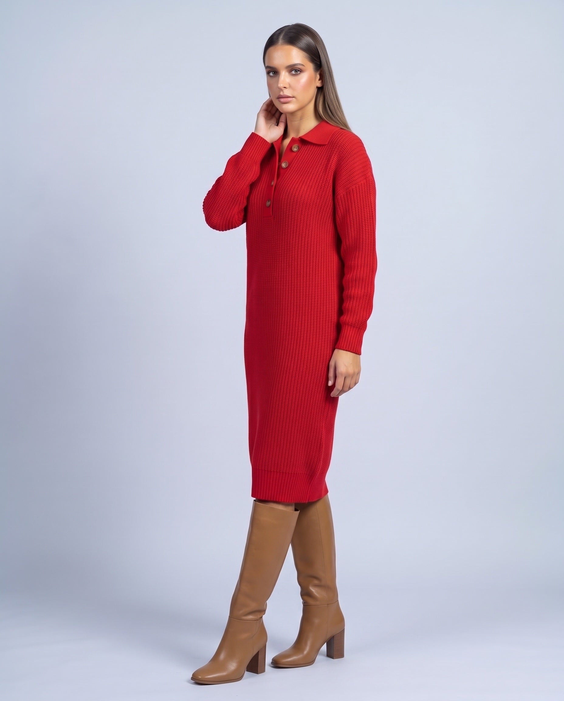 Jumper Dress Knitted Midi Dress with Polo Collar and Button Placket Long Sleeve - Red