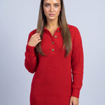 Jumper Dress Knitted Midi Dress with Polo Collar and Button Placket Long Sleeve - Red
