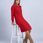 Jumper Dress Knitted Midi Dress with Polo Collar and Button Placket Long Sleeve - Red