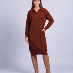 Jumper Dress Knitted Midi Dress with Polo Collar and Button Placket Long Sleeve - Russet
