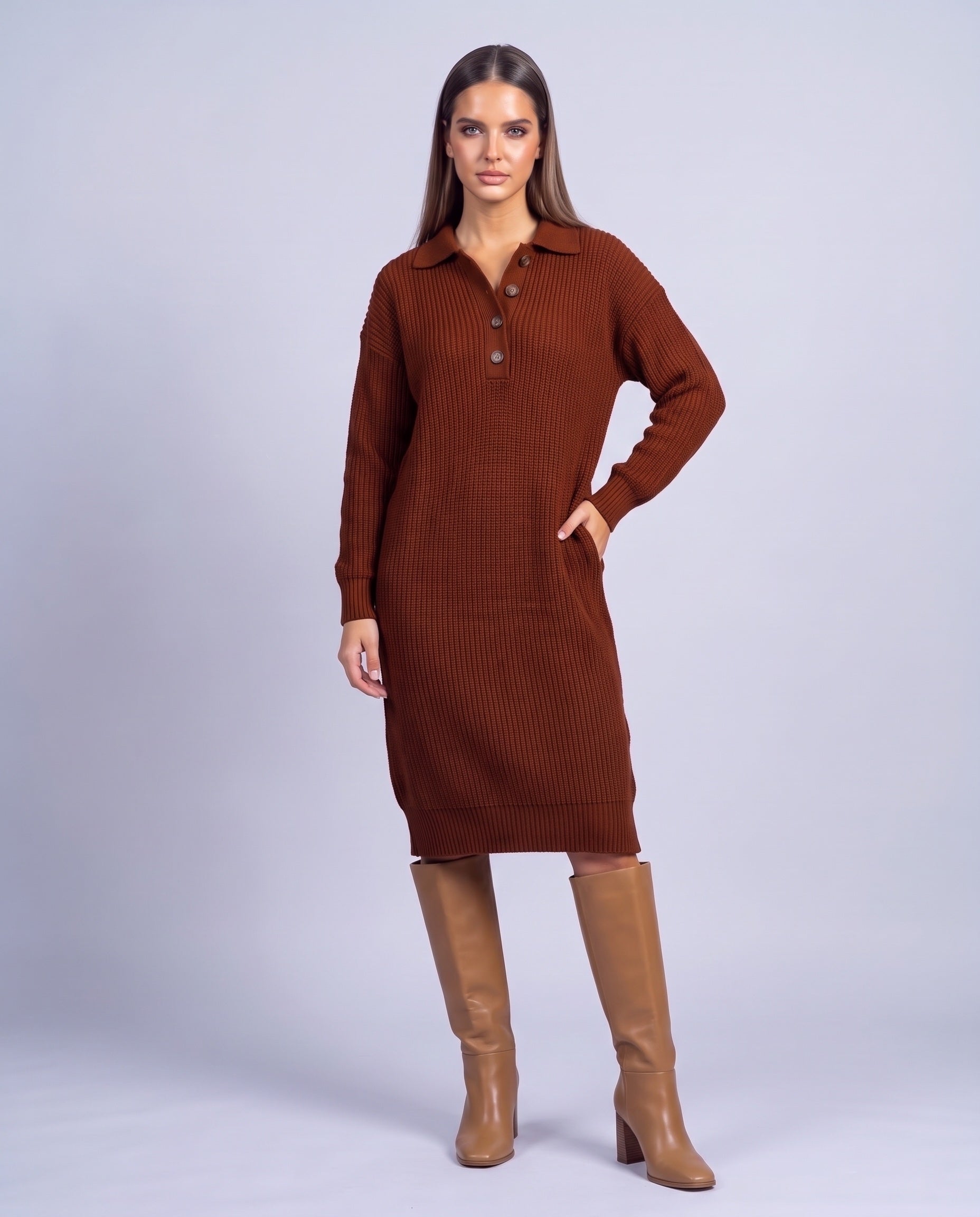 Jumper Dress Knitted Midi Dress with Polo Collar and Button Placket Long Sleeve - Russet