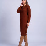 Jumper Dress Knitted Midi Dress with Polo Collar and Button Placket Long Sleeve - Russet