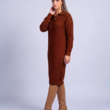 Jumper Dress Knitted Midi Dress with Polo Collar and Button Placket Long Sleeve - Russet