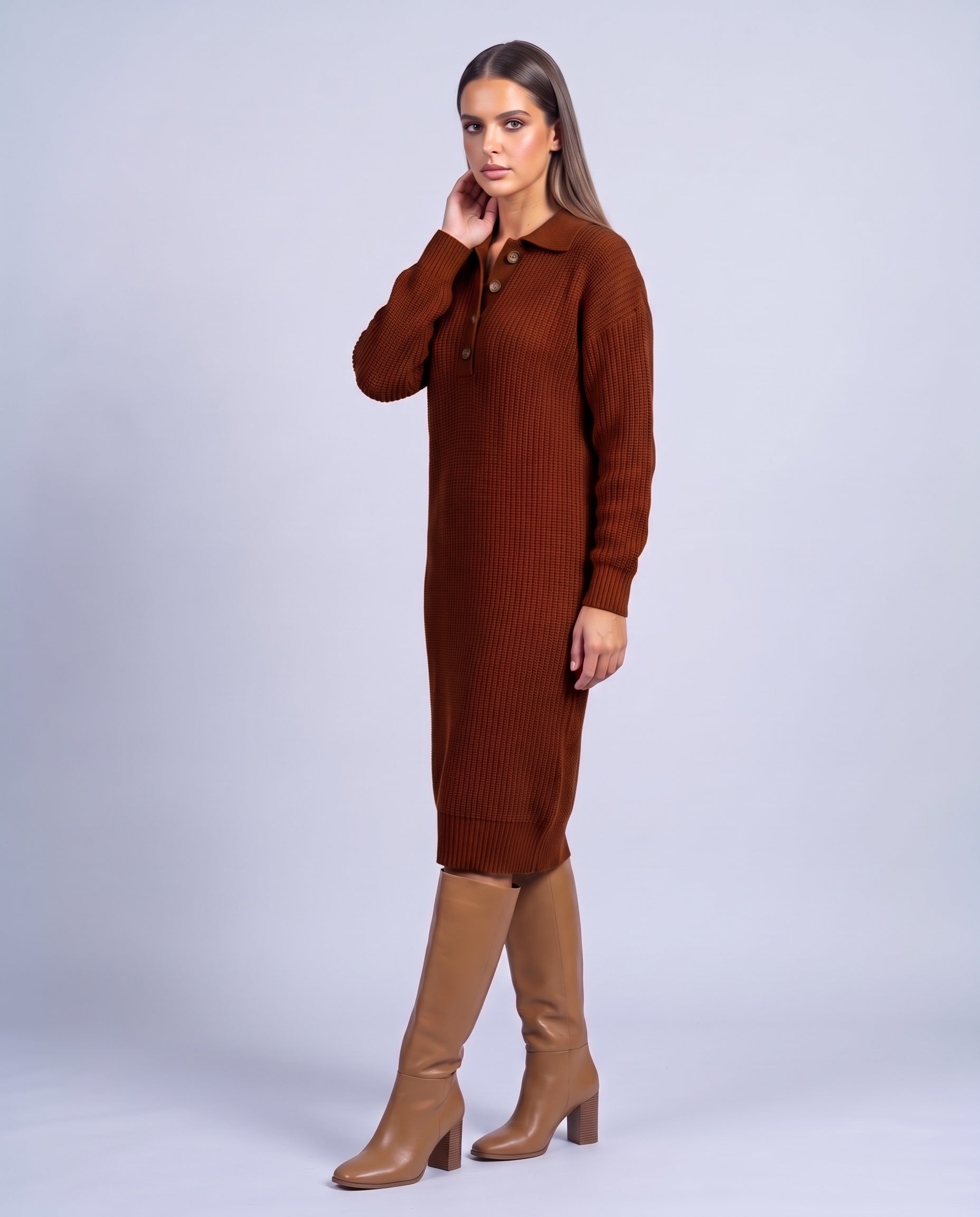 Jumper Dress Knitted Midi Dress with Polo Collar and Button Placket Long Sleeve - Russet