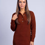 Jumper Dress Knitted Midi Dress with Polo Collar and Button Placket Long Sleeve - Russet