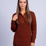 Jumper Dress Knitted Midi Dress with Polo Collar and Button Placket Long Sleeve - Russet