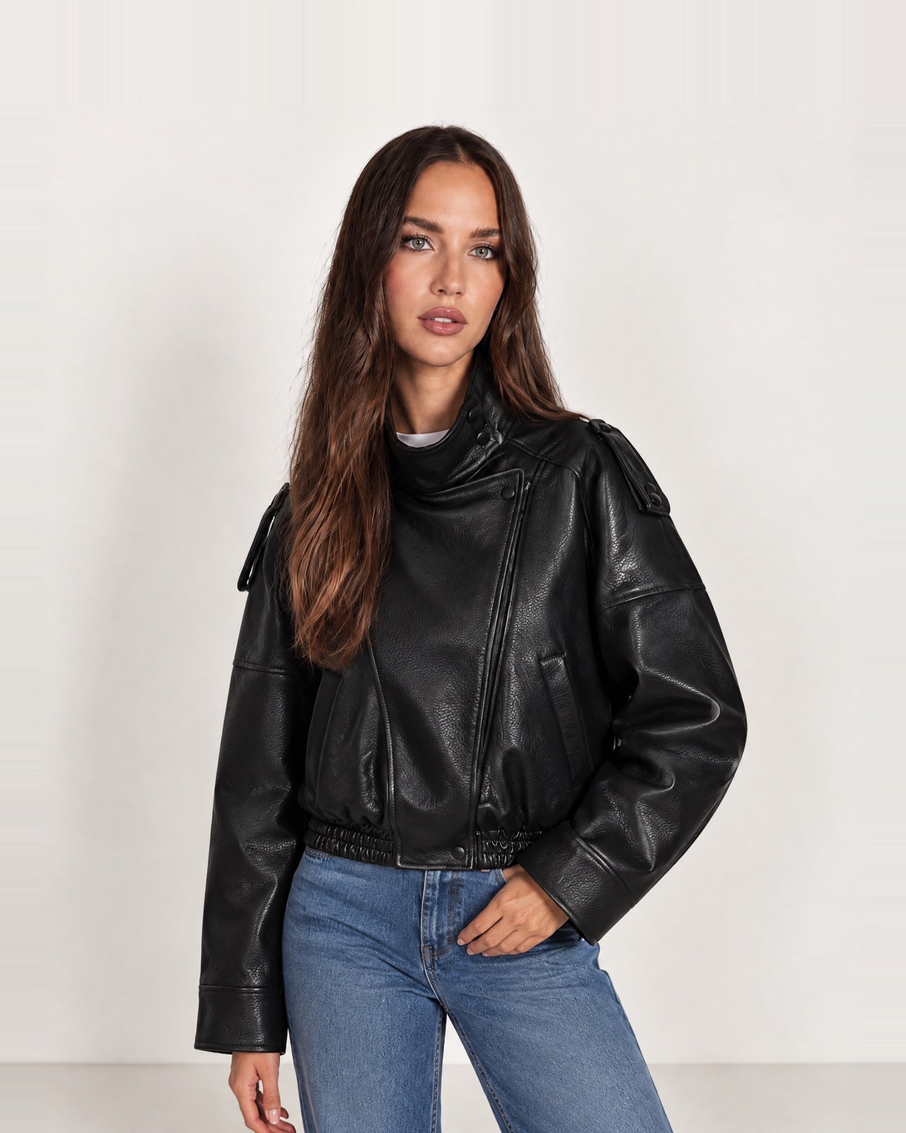 Black PU Jacket Oversized Funnel Neck