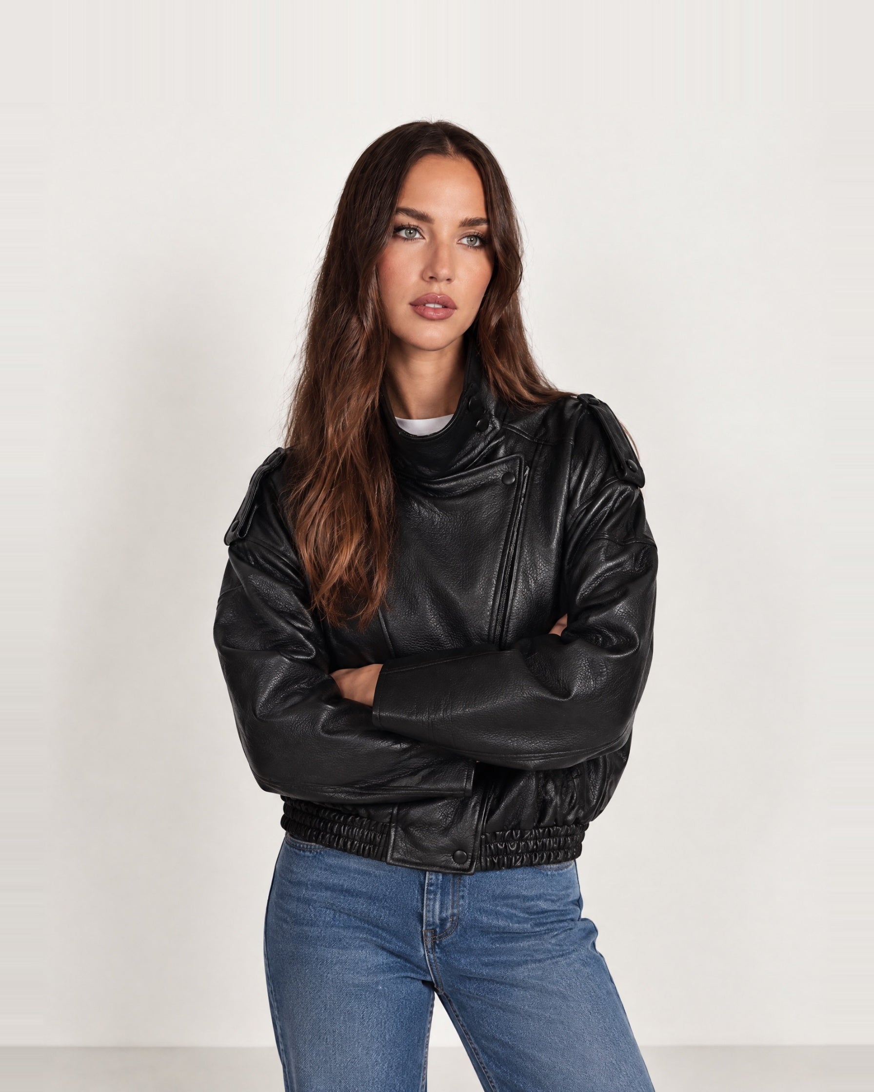 Black PU Jacket Oversized Funnel Neck