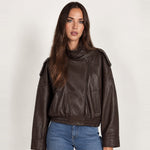 Brown PU Jacket Oversized Funnel Neck