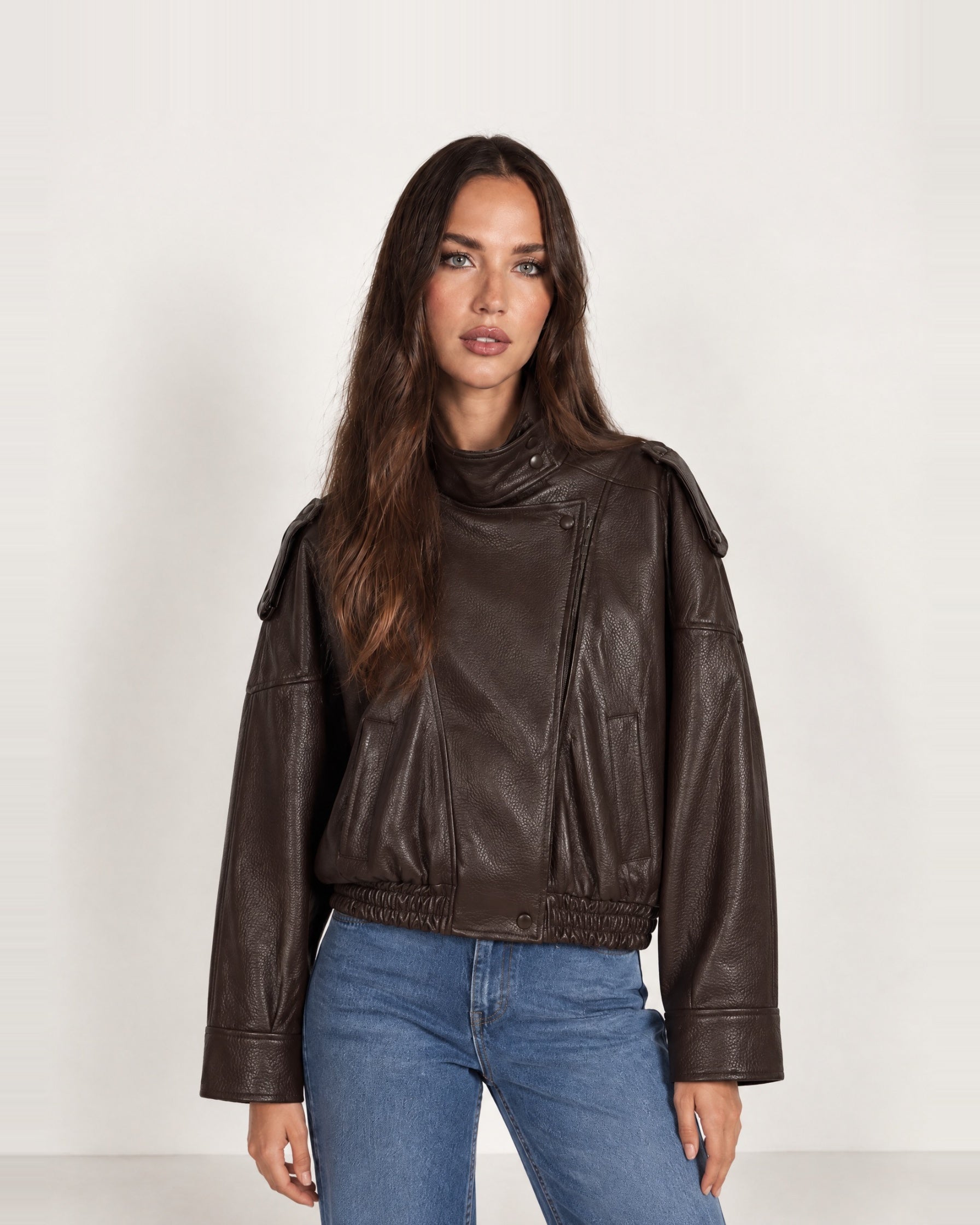 Brown PU Jacket Oversized Funnel Neck